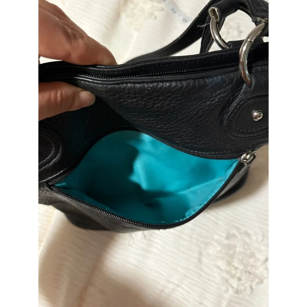 Black Pebbled Leather Shoulder Bag Turquoise Lining Classic Minimalist